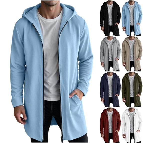 MexChoioe Mens Long Length Zip Up Hoodie Full Zip Side Pockets Long Sleeve Fall Casual Hooded Zip Jacket for Mens