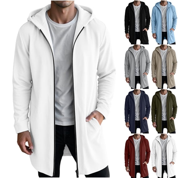 MexChoioe Mens Long Length Zip Up Hoodie Full Zip Side Pockets Long Sleeve Fall Casual Hooded Zip Jacket for Mens