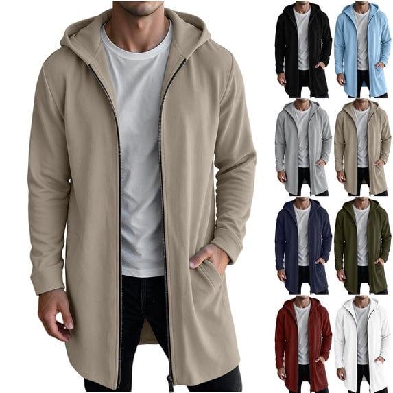 MexChoioe Mens Long Length Zip Up Hoodie Full Zip Side Pockets Long Sleeve Fall Casual Hooded Zip Jacket for Mens
