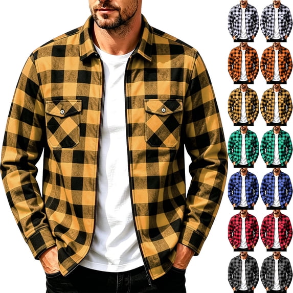 MexChoioe Mens Long Sleeve Plaid Jacket Full Zip Closure Relaxed Multi Pockets Streetwear Casual Outer Coat for Mens