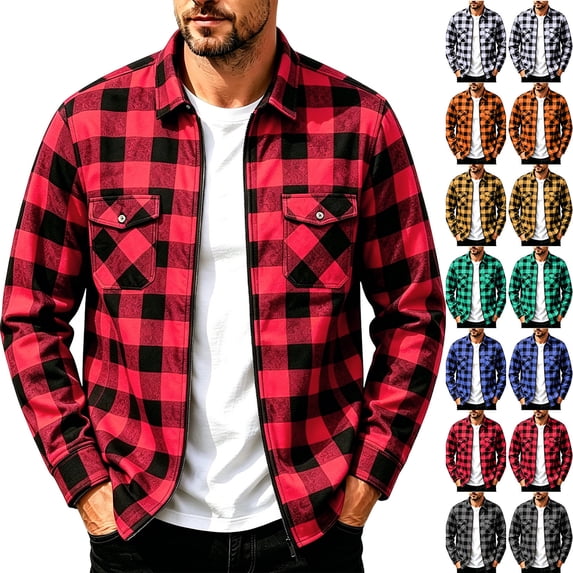 MexChoioe Mens Long Sleeve Plaid Jacket Full Zip Closure Relaxed Multi Pockets Streetwear Casual Outer Coat for Mens