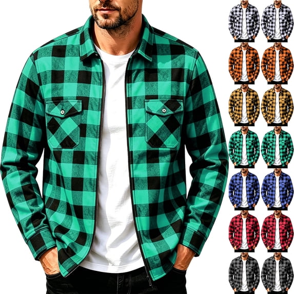 MexChoioe Mens Long Sleeve Plaid Jacket Full Zip Closure Relaxed Multi Pockets Streetwear Casual Outer Coat for Mens