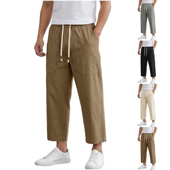 MexChoioe Mens Loose Cropped Pants Elastic Waist Multi Pockets Solid Color Breathable Daily Trousers