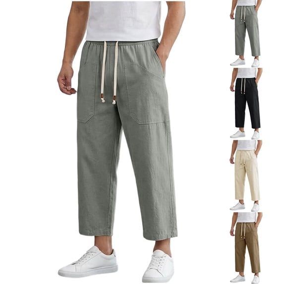 MexChoioe Mens Loose Cropped Pants Elastic Waist Multi Pockets Solid Color Breathable Daily Trousers