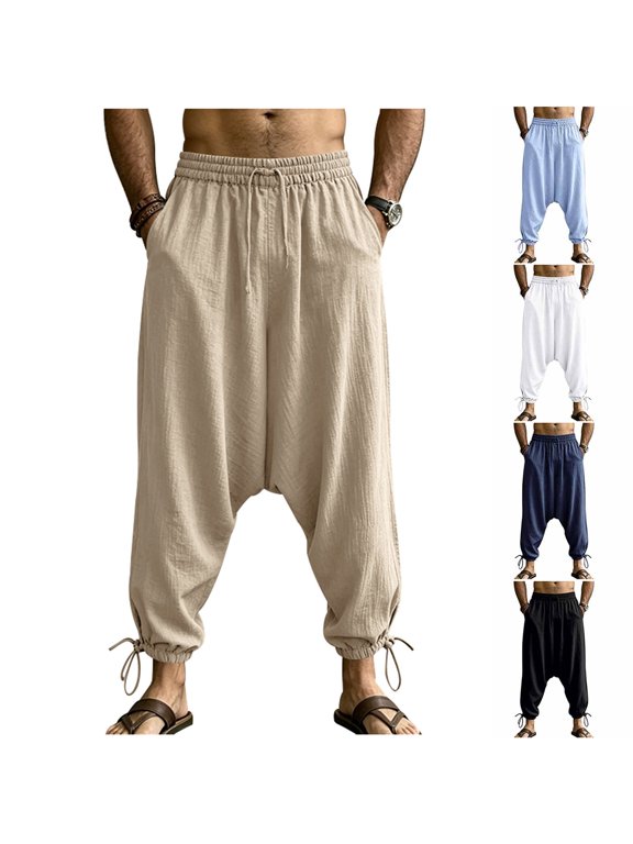 Mens Loose Harem Pants Elastic Waist Cuffed Ankle Solid Color Lightweight Vacation Pants