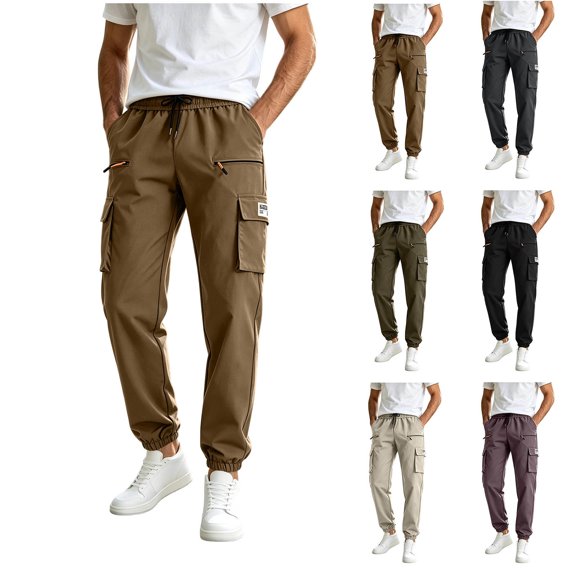 MexChoioe Mens Multi Pocket Cargo Pants Quickly Dry Elastic Drawstring Waist Cuffed Jogger Trousers for Outdoor Hiking Cargo Pants