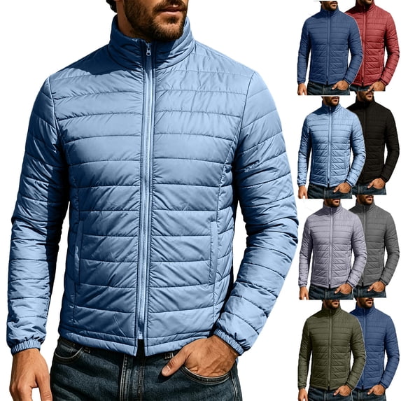 MexChoioe Mens Stand Collar Lightweight Puffer Jacket Full Zip Side Pockets Warm Fall Winter Puffer Outerwear for Mens