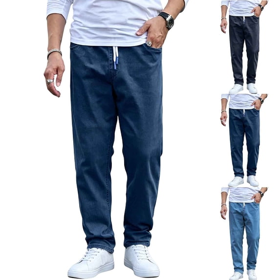 MexChoioe Mens Straight Leg Jean Pants Drawstring Elastic Waist Loose Casual Trousers for Fall Winter