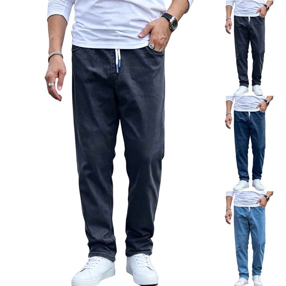MexChoioe Mens Straight Leg Jean Pants Drawstring Elastic Waist Loose Casual Trousers for Fall Winter