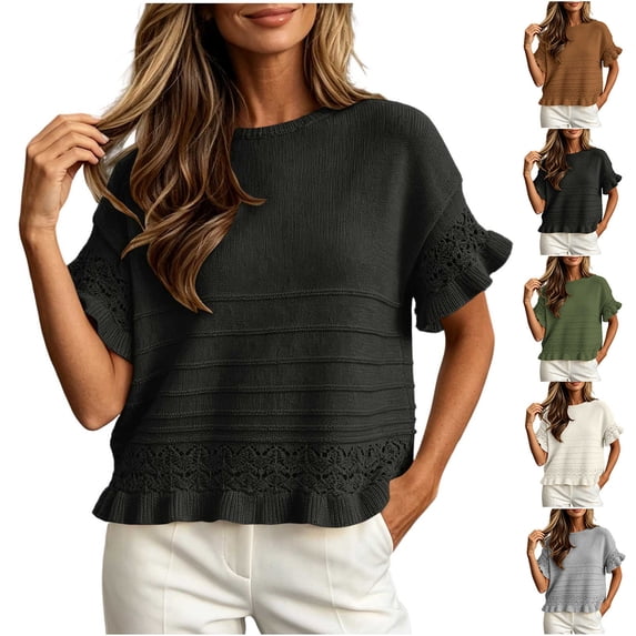 MexChoioe Sweaters for Women Crew Neck Eyelet Knit Ruffle Cuff Short Sleeve Relaxed Fall Knit Jumper for Women