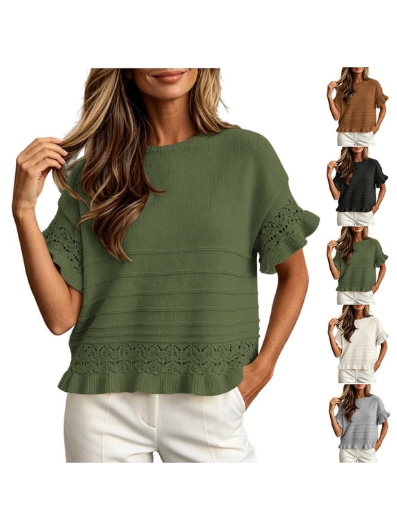 Sweaters for Women Crew Neck Eyelet Knit Ruffle Cuff Short Sleeve Relaxed Fall Knit Jumper for Women
