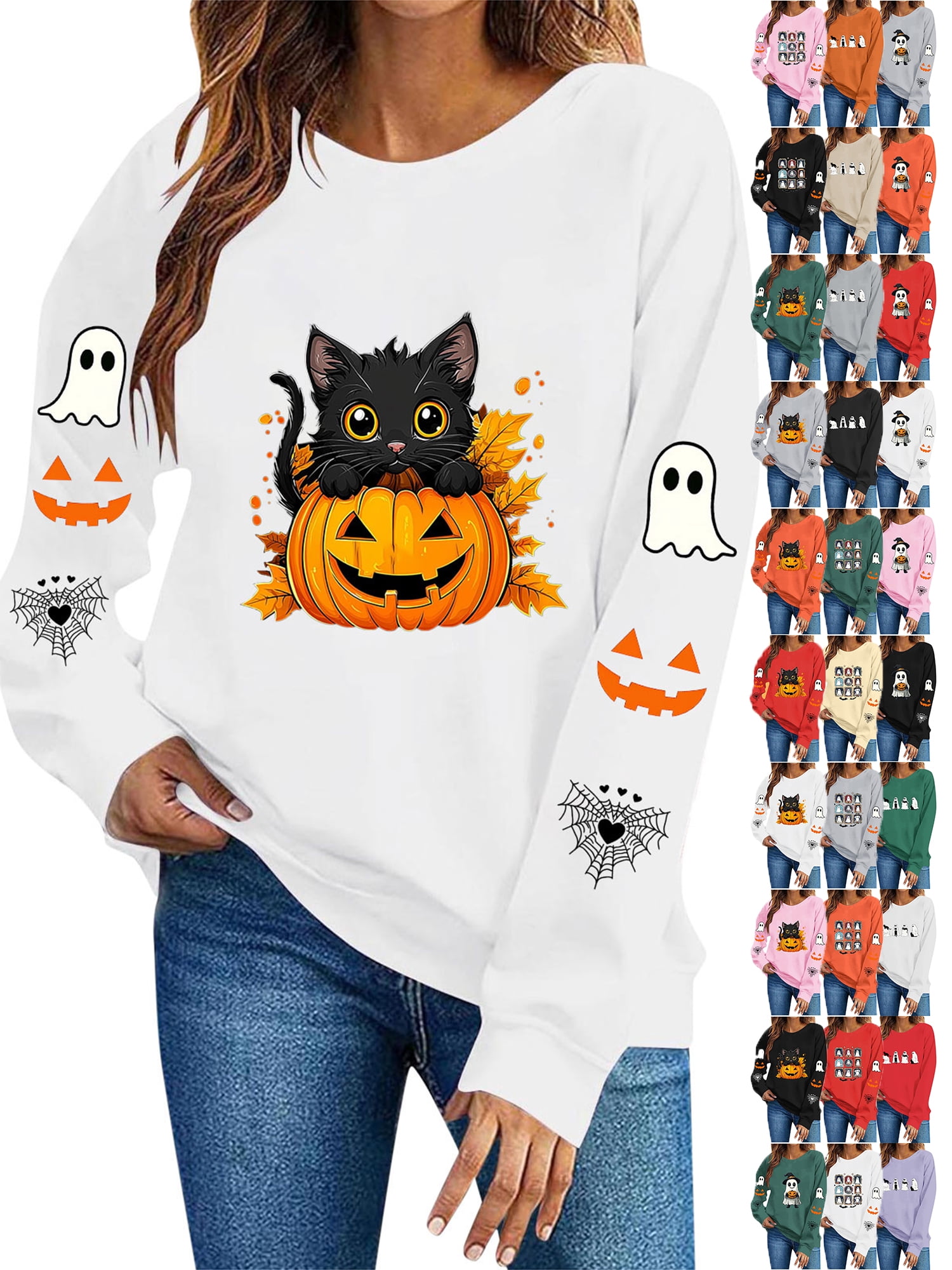 Women Crew Neck Sweatshirt Long Sleeve Pullover Halloween Front Chest Graphic for Fall Winter Casual Daily Hooded Sweatshirt
