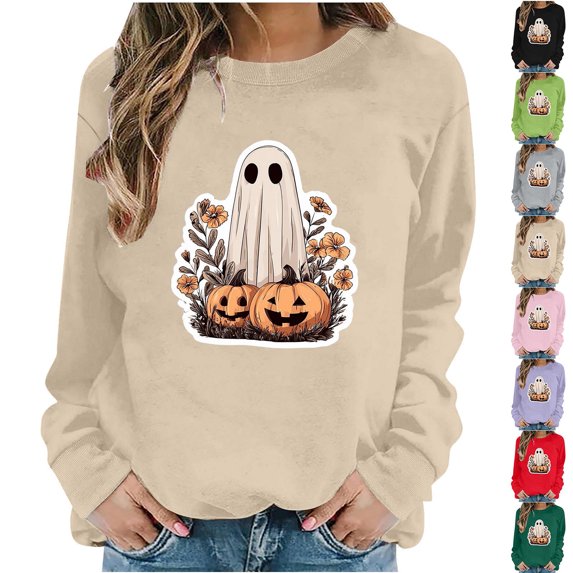 MexChoioe Women Long Sleeve Pullover Sweatshirt Crew Neck Halloween Front Graphic for Casual Fall Outings Hooded Sweatshirt
