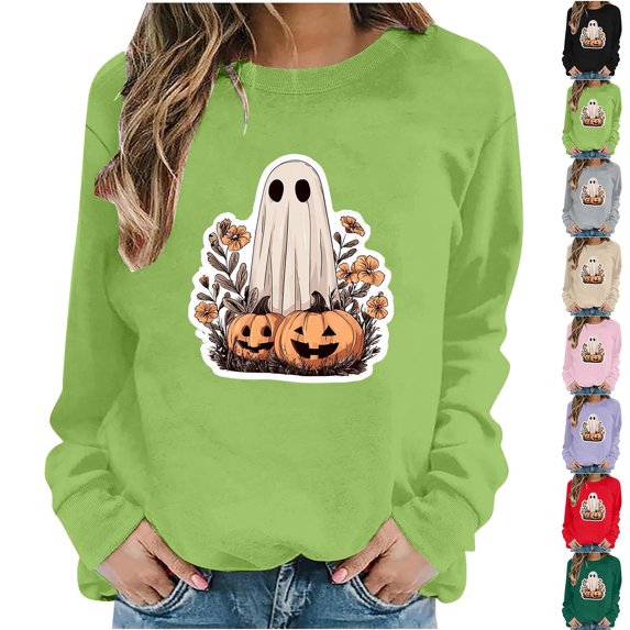 MexChoioe Women Long Sleeve Pullover Sweatshirt Crew Neck Halloween Front Graphic for Casual Fall Outings Hooded Sweatshirt
