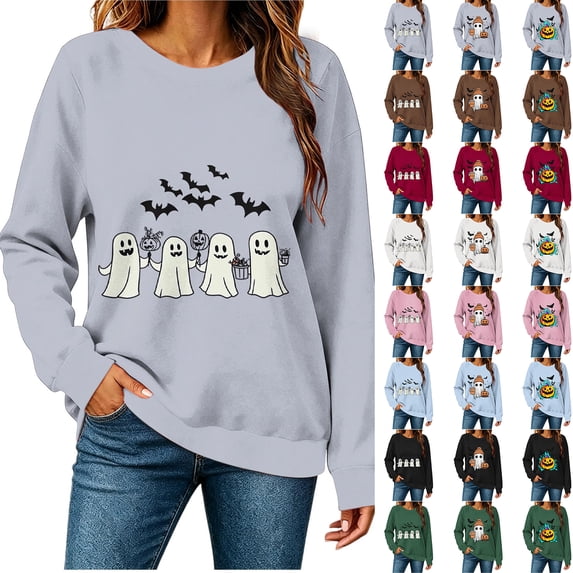 MexChoioe Women's Halloween Pumpkin Graphic Crewneck Sweatshirt Long Sleeve Casual Fall Winter Holiday Pullover Top