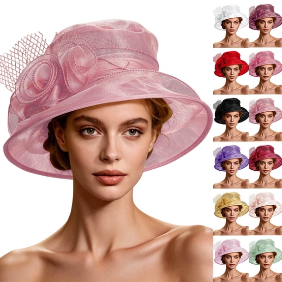 MexChoioe Women’s Organza Church Tea Party Wedding Fascinator Derby Hat Wide Brim Sun Hats for Women