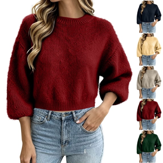 MexChoioe Women's Sweaters Casual Crew Neck Fluffy Fuzzy Knit Cropped Pullover Sweaters for Women