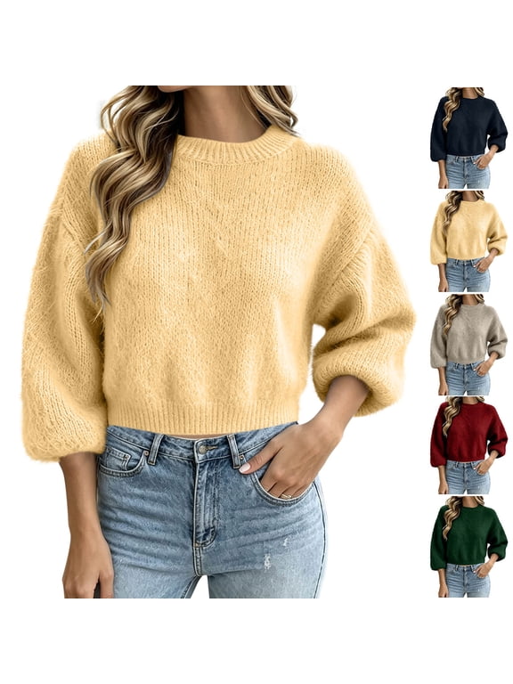 Women's Sweaters Casual Crew Neck Fluffy Fuzzy Knit Cropped Pullover Sweaters for Women