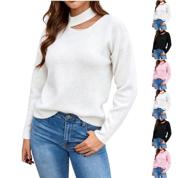 MexChoioe Women's Sweaters Halter Neck Cutout Long Sleeve Pullover Soft Fall Sweater for Women
