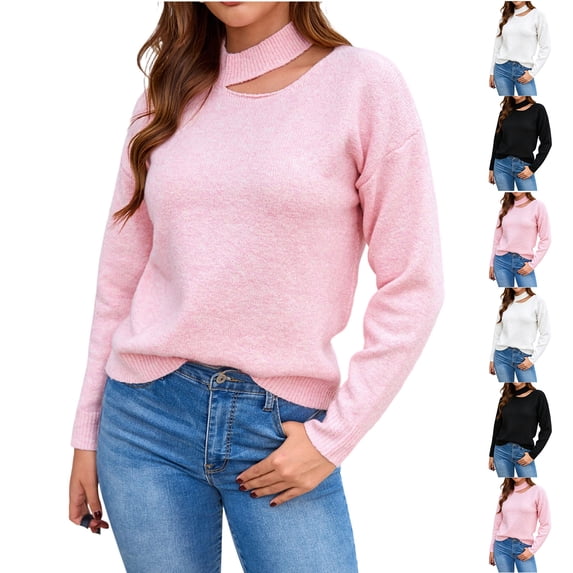 MexChoioe Women's Sweaters Halter Neck Cutout Long Sleeve Pullover Soft Fall Sweater for Women