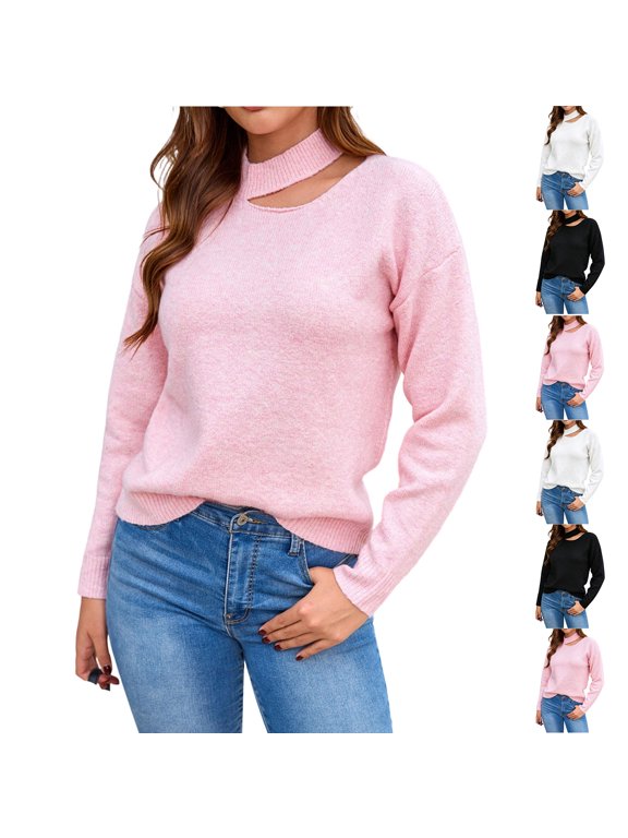 Women's Sweaters Halter Neck Cutout Long Sleeve Pullover Soft Fall Sweater for Women