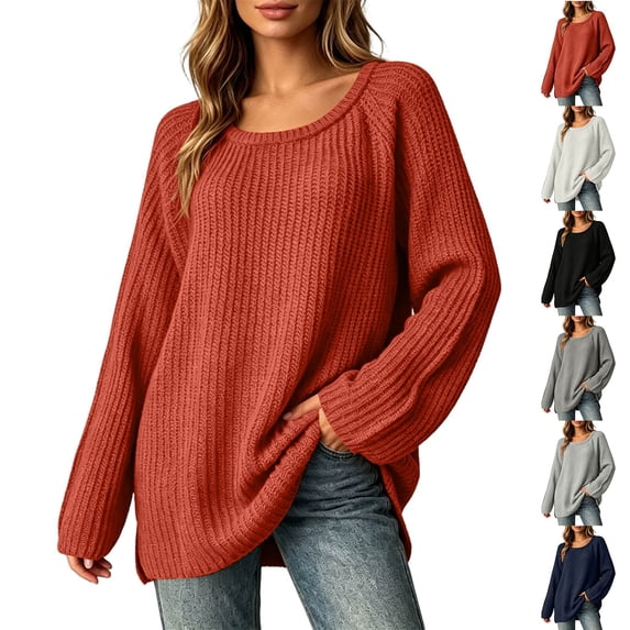 MexChoioe Women's Sweaters Scoop Neck Ribbed Knit Long Sleeve Oversized Fall Tunic Sweater for Women