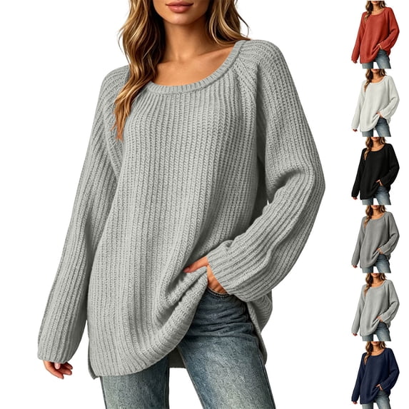 MexChoioe Women's Sweaters Scoop Neck Ribbed Knit Long Sleeve Oversized Fall Tunic Sweater for Women