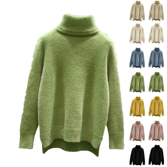 MexChoioe Women's Sweaters Turtleneck Fuzzy Plush Knit Long Sleeve Hi‑Lo Hem Pullover for Women
