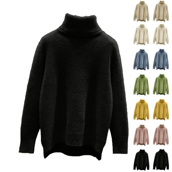 MexChoioe Women's Sweaters Turtleneck Fuzzy Plush Knit Long Sleeve Hi‑Lo Hem Pullover for Women