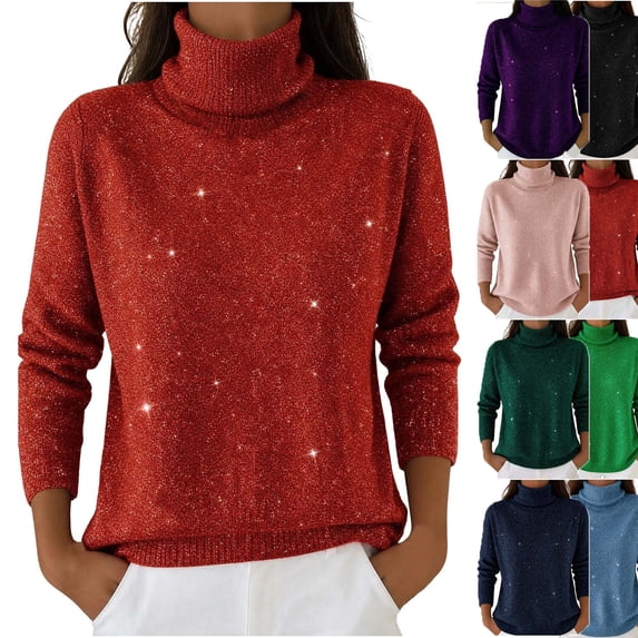 MexChoioe Women's Sweaters Turtleneck Sparkly Glitter Long Sleeve Casual Pullover for Women