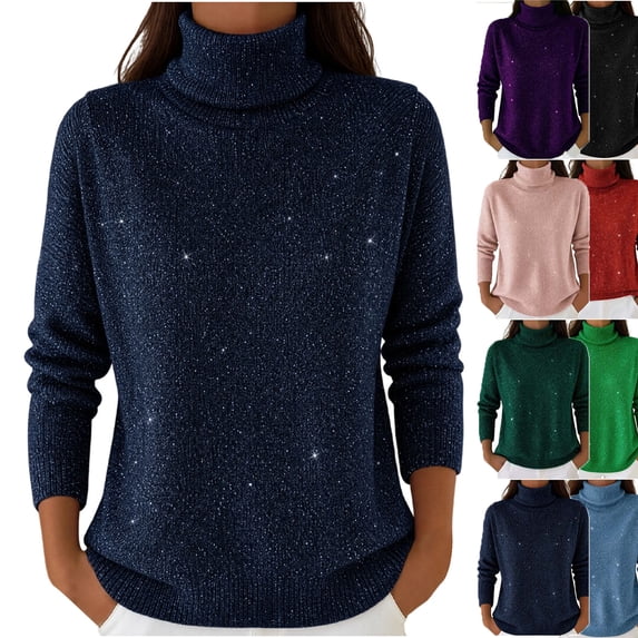 MexChoioe Women's Sweaters Turtleneck Sparkly Glitter Long Sleeve Casual Pullover for Women