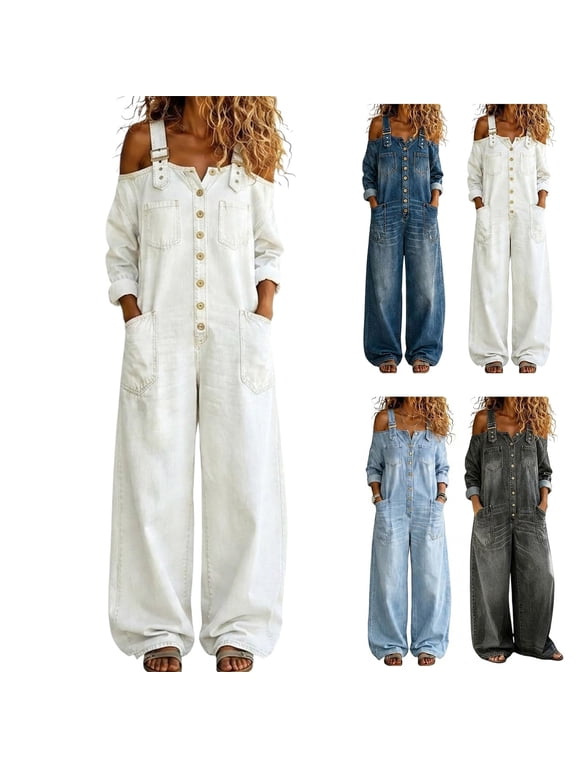 Womens Button Front Denim Jumpsuit Off Shoulder Adjustable Strap Wide Leg Overalls Vintage Loose Denim Outfit with Pockets