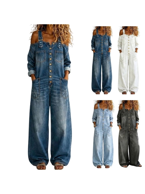 Womens Button Front Denim Jumpsuit Off Shoulder Adjustable Strap Wide Leg Overalls Vintage Loose Denim Outfit with Pockets