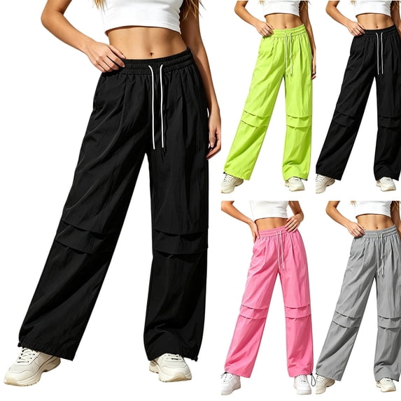 MexChoioe Womens Casual Trousers Solid Color Ruched Wide Leg Pants Elastic Drawstring Waist Outdoor Parachute Pants