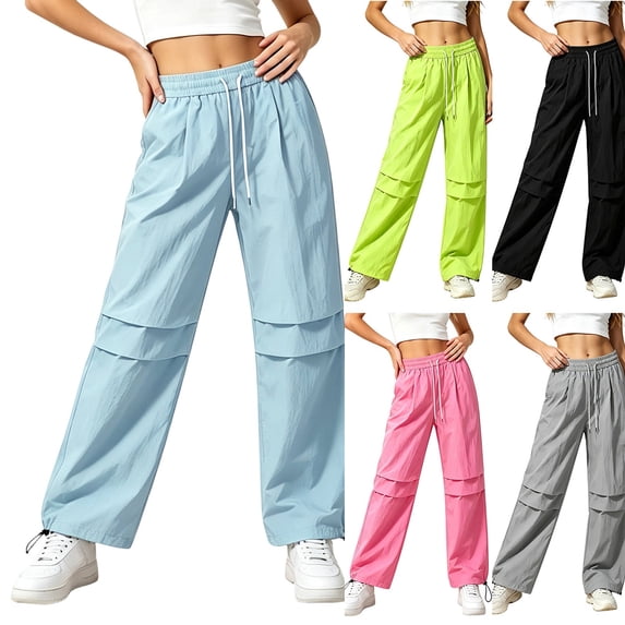 MexChoioe Womens Casual Trousers Solid Color Ruched Wide Leg Pants Elastic Drawstring Waist Outdoor Parachute Pants