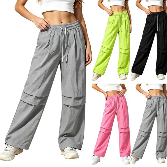 MexChoioe Womens Casual Trousers Solid Color Ruched Wide Leg Pants Elastic Drawstring Waist Outdoor Parachute Pants