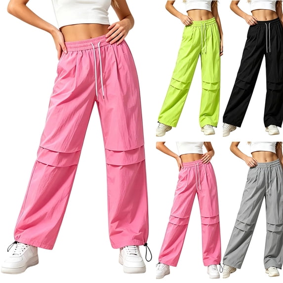 MexChoioe Womens Casual Trousers Solid Color Ruched Wide Leg Pants Elastic Drawstring Waist Outdoor Parachute Pants