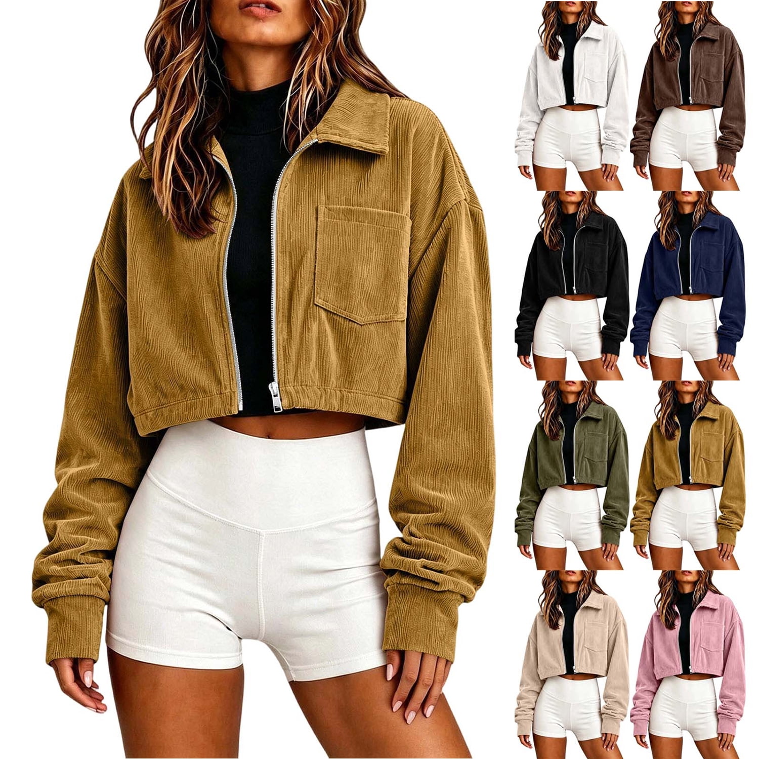 MexChoioe Womens Corduroy Cropped Jacket Point Collar Full Zip Long ...