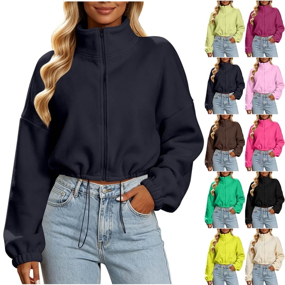 MexChoioe Womens Cropped Fleece Jacket Stand Collar Full Zip Long Sleeve Drawstring Hem Relaxed Casual Outer Coat for Womens