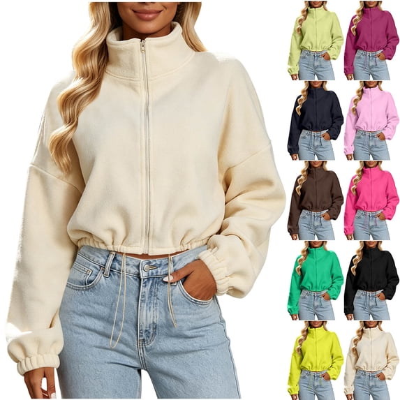 MexChoioe Womens Cropped Fleece Jacket Stand Collar Full Zip Long Sleeve Drawstring Hem Relaxed Casual Outer Coat for Womens