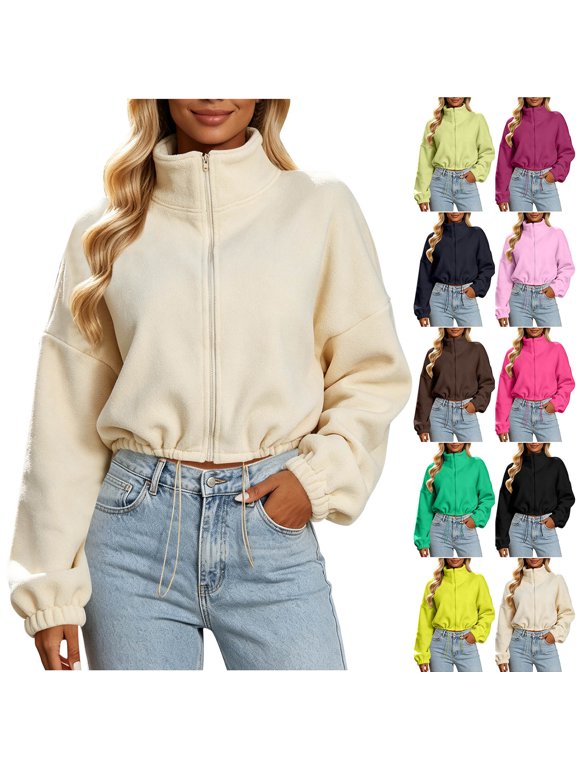 Womens Cropped Fleece Jacket Stand Collar Full Zip Long Sleeve Drawstring Hem Relaxed Casual Outer Coat for Womens