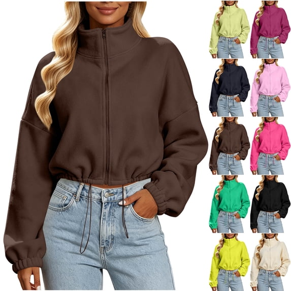 MexChoioe Womens Cropped Fleece Jacket Stand Collar Full Zip Long Sleeve Drawstring Hem Relaxed Casual Outer Coat for Womens