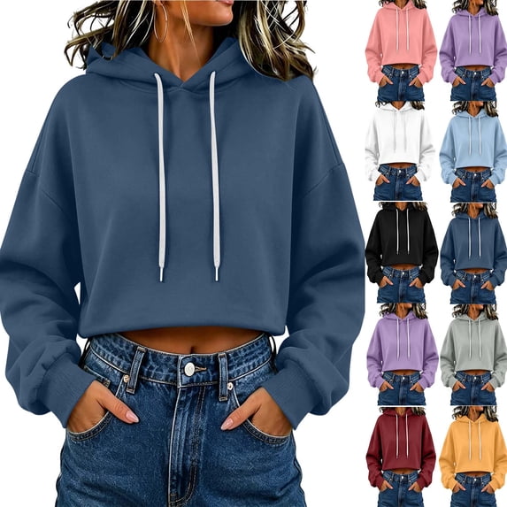 MexChoioe Womens Cropped Hooded Sweatshirt Solid Color Drawstring Hood Casual Pullover Hoodies