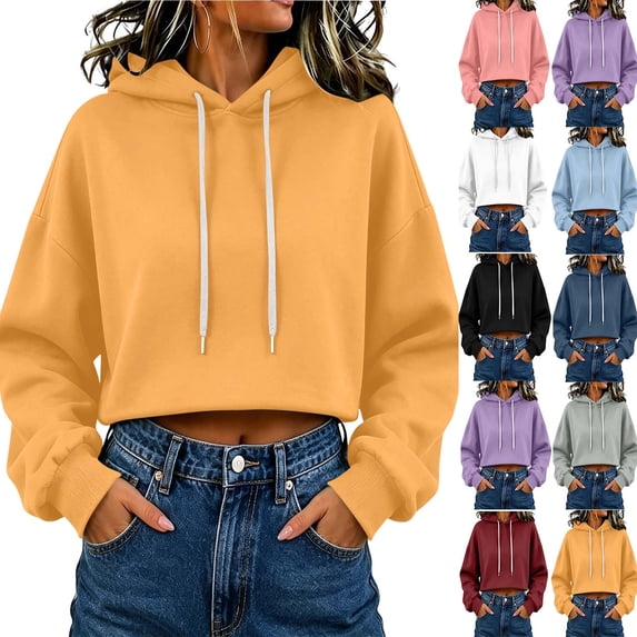 MexChoioe Womens Cropped Hooded Sweatshirt Solid Color Drawstring Hood Casual Pullover Hoodies