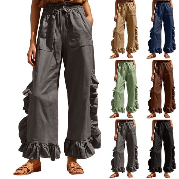MexChoioe Womens Drawstring Elastic Waist Wide Leg Pants Ruffle Trim Casual Trousers Loose Beach Pants with Pockets