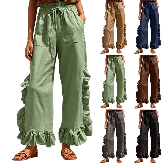MexChoioe Womens Drawstring Elastic Waist Wide Leg Pants Ruffle Trim Casual Trousers Loose Beach Pants with Pockets