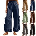 thumbnail image 1 of MexChoioe Womens Drawstring Elastic Waist Wide Leg Pants Ruffle Trim Casual Trousers Loose Beach Pants with Pockets, 1 of 7