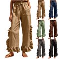 thumbnail image 1 of MexChoioe Womens Drawstring Elastic Waist Wide Leg Pants Ruffle Trim Casual Trousers Loose Beach Pants with Pockets, 1 of 7