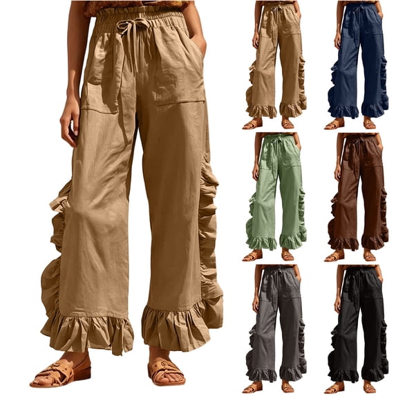 MexChoioe Womens Drawstring Elastic Waist Wide Leg Pants Ruffle Trim Casual Trousers Loose Beach Pants with Pockets