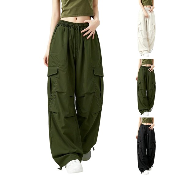 MexChoioe Womens Elastic Waist Drawstring Wide Leg Cargo Pants Adjustable Cuff Multi Pocket Outdoor Cargo Trousers
